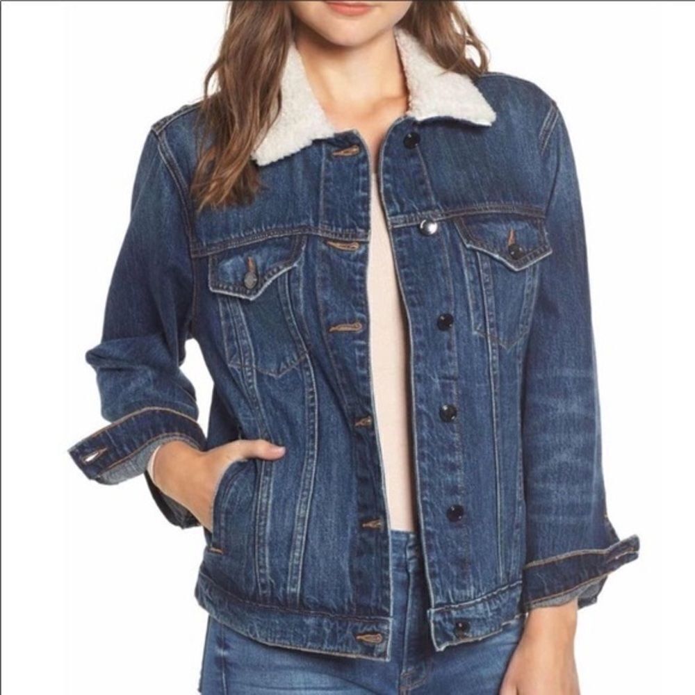 Good American Shearling Collar Denim Trucker Jacket